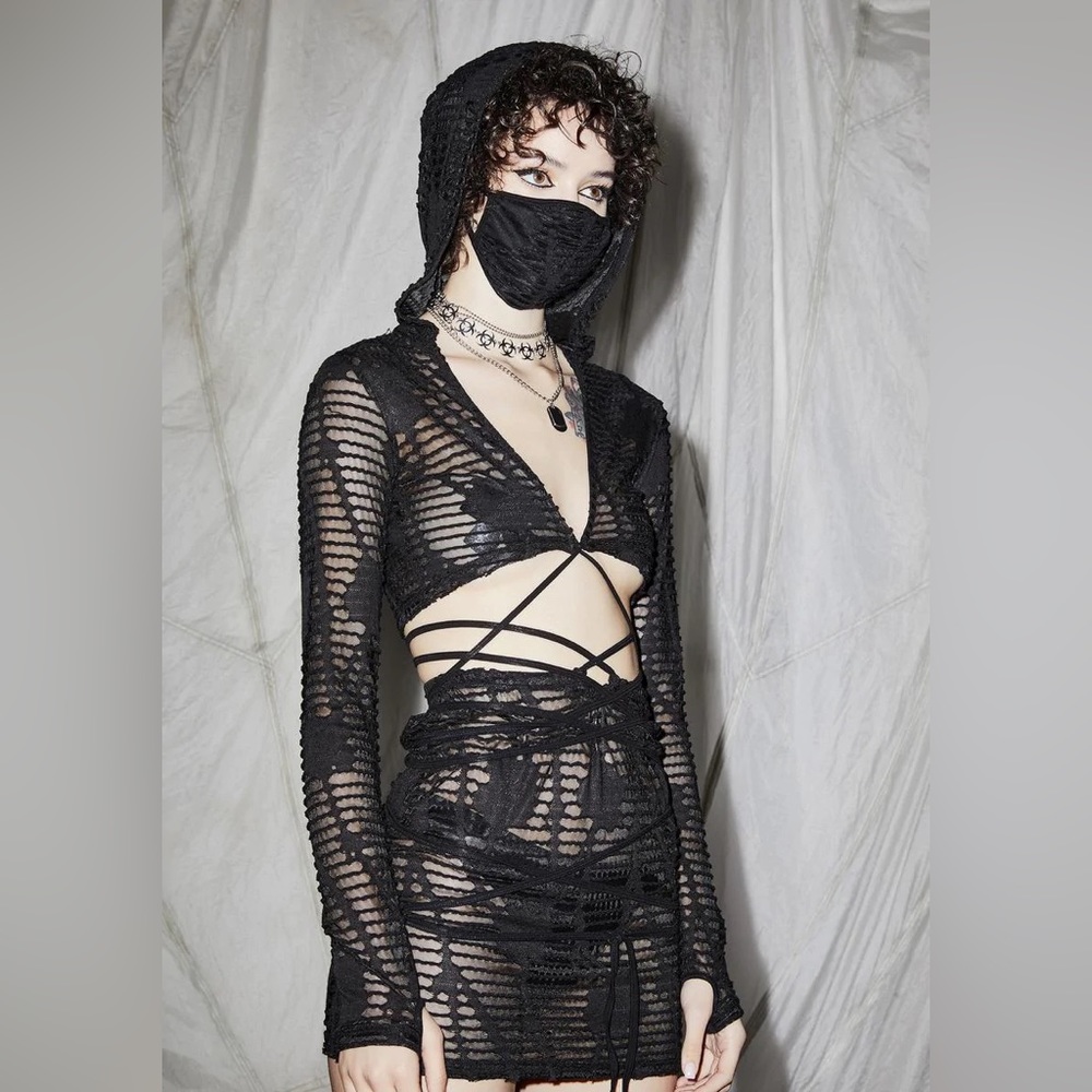 Darker Wavs Reverb Hooded Sheer Matelasse Wrap Top and Mini Skirt - SOLD AS SET